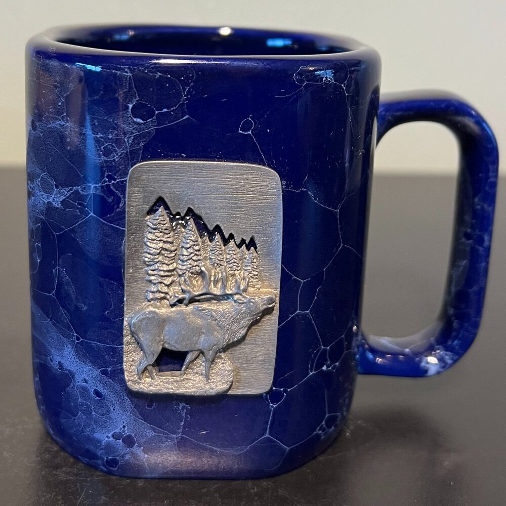 LINYI Cobalt Blue Bubble Glaze Marbleized Ceramic Mug Pewter Medallion Moose Cup